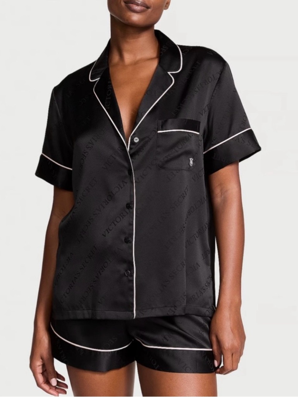 Victoria's Secret Black Satin Short Pajama Set with White Piping Trim MED NWT